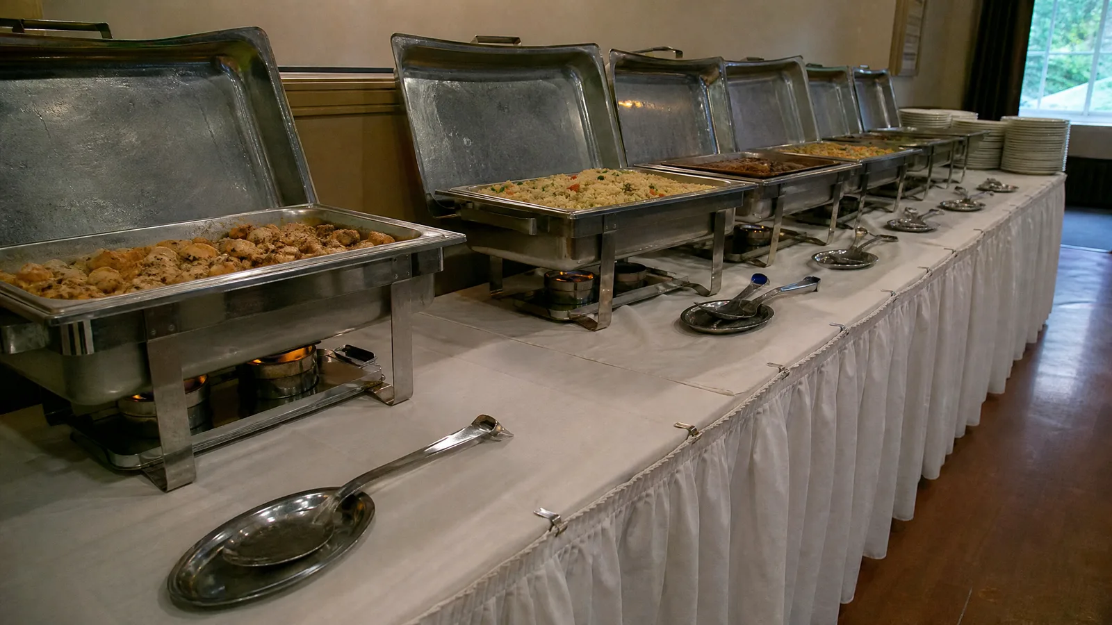 Row of chafing dishes with fuel cans lit on a linen-covered banquet table at an off-site event