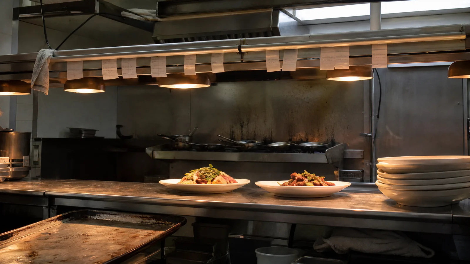 Restaurant service pass under heat lamps with a ticket rail above and plated dishes waiting